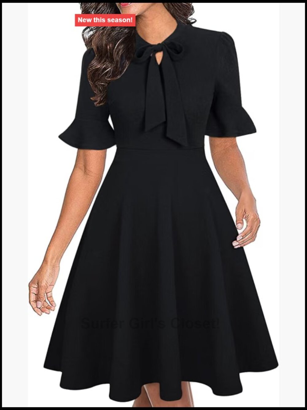 Women Floral Ruffle Sleeve A-Line Cocktail Dress Knee-Length Tie Neck Party